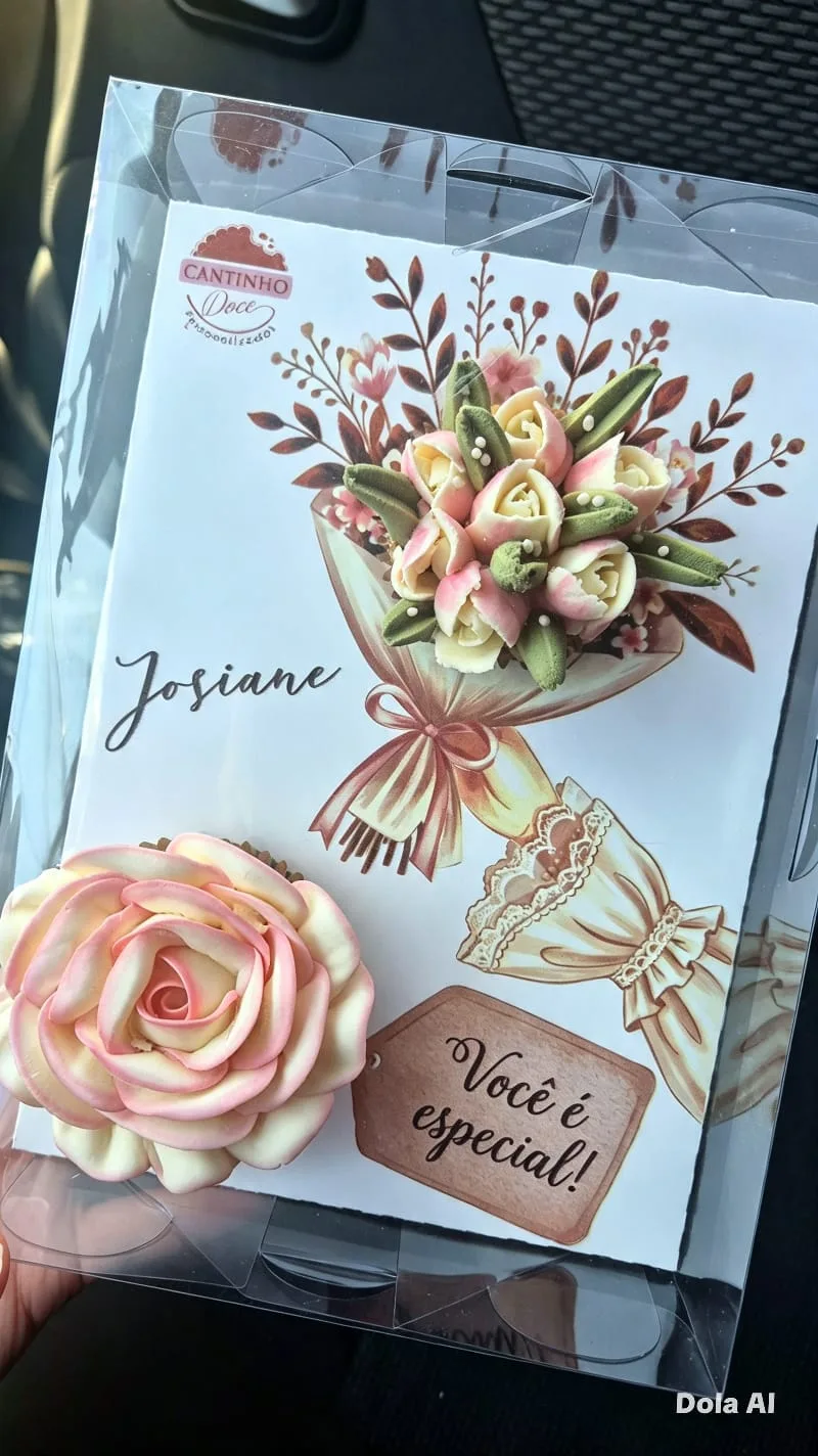 Cartão personalizado com o nome de quem recebe e cupcake floral