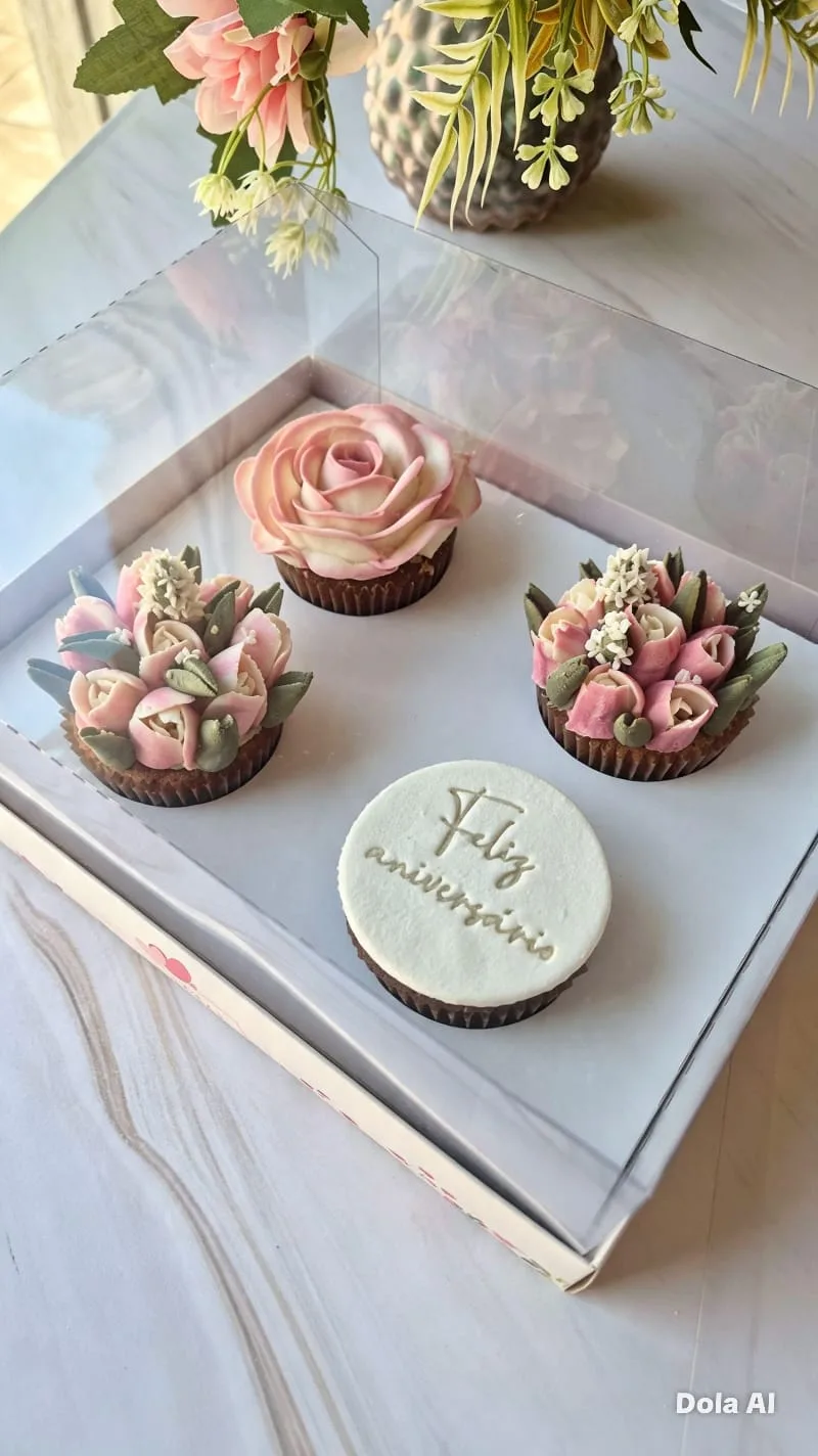 Vitrine com cupcakes florais e biscoito com mensagem